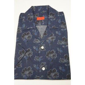 Isaia Ink Blue Hawaiian Floral Short Sleeve Cotton Shirt 15.5/39 NEW